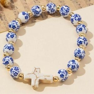 Cross, Gold, Blue, and White Porcelain Beaded Bracelet